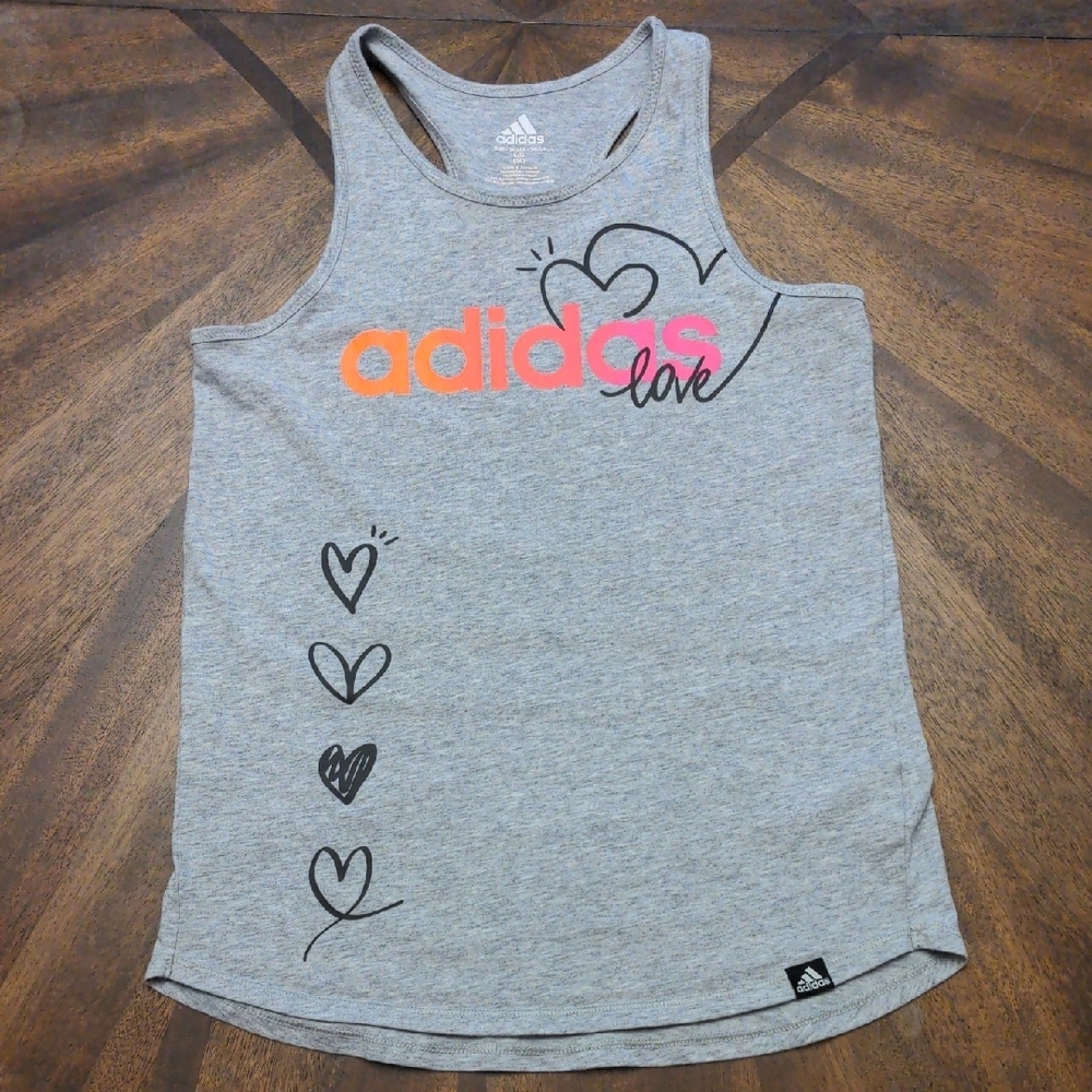 Adidas Girls “Love” Tank Top Gray Size 14 – Heart Graphic Athletic Racerback